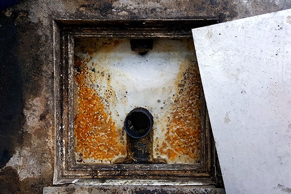during grease trap cleaning, the trap is emptied, scraped, and flushed to remove all grease and debris